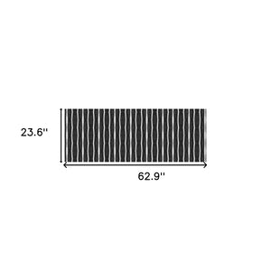 HomeRoots 2' X 5' Black And White Striped Vinyl Area Rug - UV Protected, Water-Resistant, Non-Slip Design! 489511