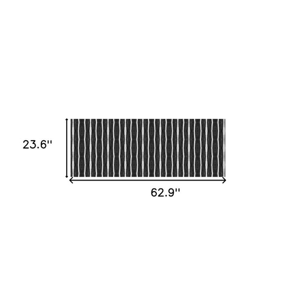 HomeRoots 2' X 5' Black And White Striped Vinyl Area Rug - UV Protected, Water-Resistant, Non-Slip Design! 489511