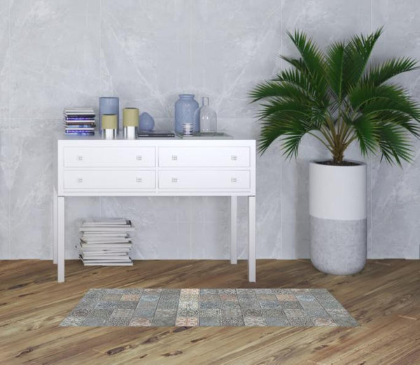 HomeRoots 2' X 5' Vintage Mosaic Tile-Print Vinyl Area Rug - Stain Resistant, UV Protected, Easy Care Design 489512