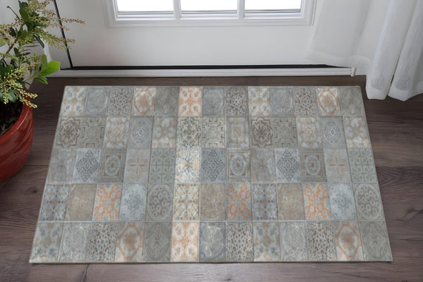 HomeRoots 2' X 5' Vintage Mosaic Tile-Print Vinyl Area Rug - Stain Resistant, UV Protected, Easy Care Design 489512