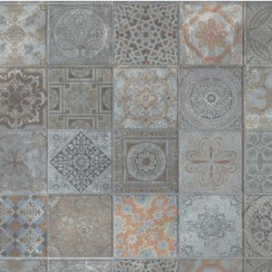HomeRoots 2' X 5' Vintage Mosaic Tile-Print Vinyl Area Rug - Stain Resistant, UV Protected, Easy Care Design 489512