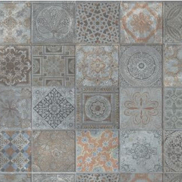 HomeRoots 2' X 5' Vintage Mosaic Tile-Print Vinyl Area Rug - Stain Resistant, UV Protected, Easy Care Design 489512