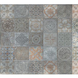 HomeRoots 2' X 5' Vintage Mosaic Tile-Print Vinyl Area Rug - Stain Resistant, UV Protected, Easy Care Design 489512