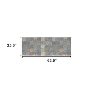 HomeRoots 2' X 5' Vintage Mosaic Tile-Print Vinyl Area Rug - Stain Resistant, UV Protected, Easy Care Design 489512