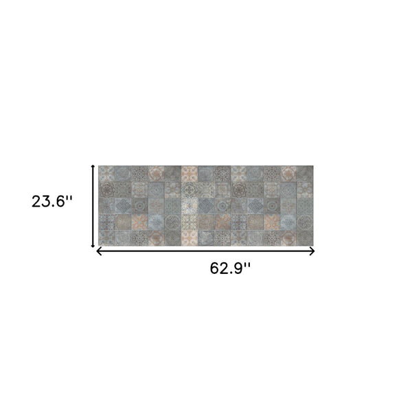 HomeRoots 2' X 5' Vintage Mosaic Tile-Print Vinyl Area Rug - Stain Resistant, UV Protected, Easy Care Design 489512