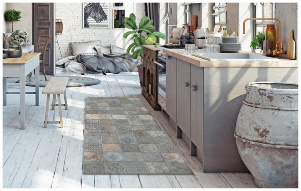 HomeRoots 2' X 5' Vintage Mosaic Tile-Print Vinyl Area Rug - Stain Resistant, UV Protected, Easy Care Design 489512