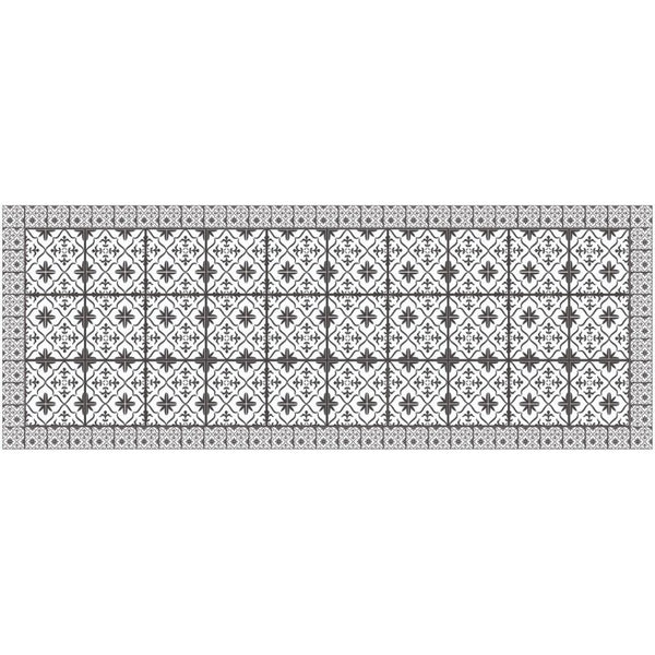 HomeRoots 2' X 5' Dark Gray & White Mosaic Tile Printed Vinyl Area Rug with UV Protection & Non-Slip Backing 489513
