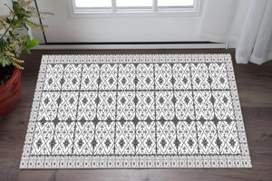 HomeRoots 2' X 5' Dark Gray & White Mosaic Tile Printed Vinyl Area Rug with UV Protection & Non-Slip Backing 489513