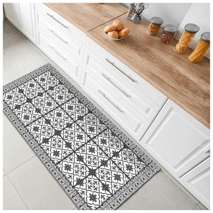 HomeRoots 2' X 5' Dark Gray & White Mosaic Tile Printed Vinyl Area Rug with UV Protection & Non-Slip Backing 489513