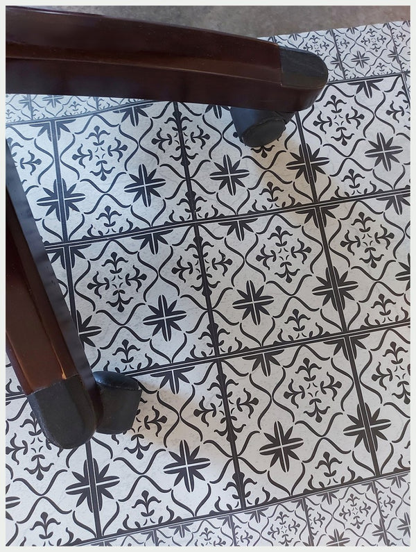 HomeRoots 2' X 5' Dark Gray & White Mosaic Tile Printed Vinyl Area Rug with UV Protection & Non-Slip Backing 489513