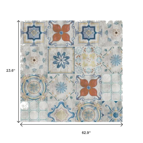 HomeRoots 2' Gray Blue and Rust Mosaic Tile Printed Vinyl Area Rug - Durable, UV-Protected, Stylish Design 489514