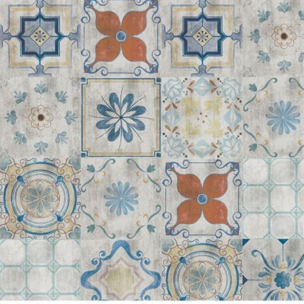 HomeRoots 2' Gray Blue and Rust Mosaic Tile Printed Vinyl Area Rug - Durable, UV-Protected, Stylish Design 489514