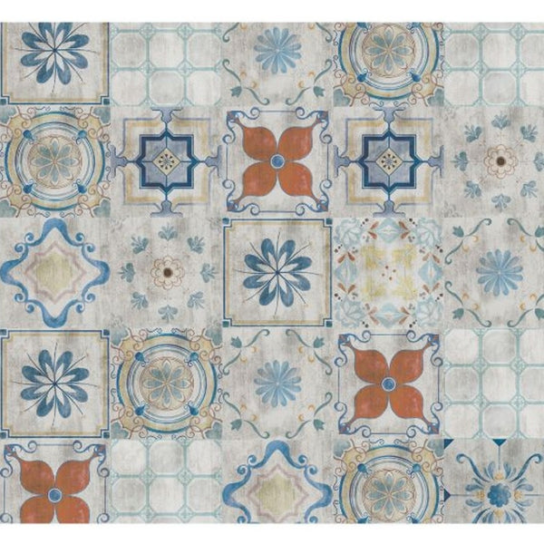 HomeRoots 2' Gray Blue and Rust Mosaic Tile Printed Vinyl Area Rug - Durable, UV-Protected, Stylish Design 489514