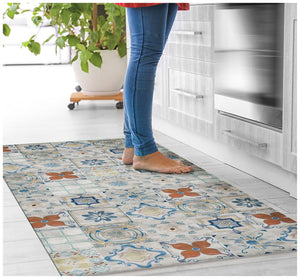 HomeRoots 2' Gray Blue and Rust Mosaic Tile Printed Vinyl Area Rug - Durable, UV-Protected, Stylish Design 489514