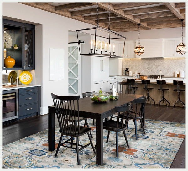 HomeRoots 2' Gray Blue and Rust Mosaic Tile Printed Vinyl Area Rug - Durable, UV-Protected, Stylish Design 489514