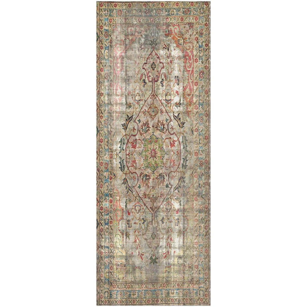 HomeRoots 2' X 5' Moroccan Vinyl Area Rug - Stylish Red, Brown & Blue Floral Design with UV Protection & Durability 489515