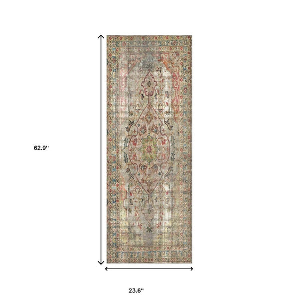 HomeRoots 2' X 5' Moroccan Vinyl Area Rug - Stylish Red, Brown & Blue Floral Design with UV Protection & Durability 489515
