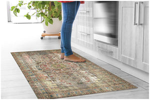HomeRoots 2' X 5' Moroccan Vinyl Area Rug - Stylish Red, Brown & Blue Floral Design with UV Protection & Durability 489515