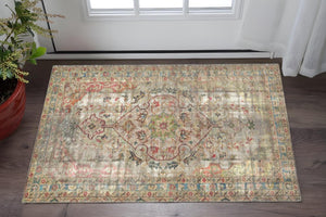 HomeRoots 2' X 5' Moroccan Vinyl Area Rug - Stylish Red, Brown & Blue Floral Design with UV Protection & Durability 489515