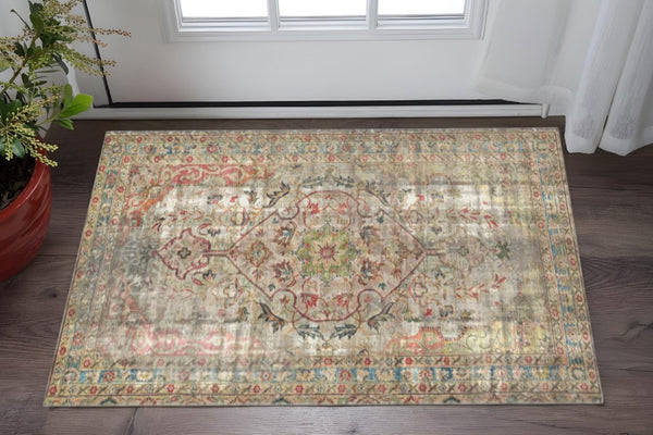 HomeRoots 2' X 5' Moroccan Vinyl Area Rug - Stylish Red, Brown & Blue Floral Design with UV Protection & Durability 489515