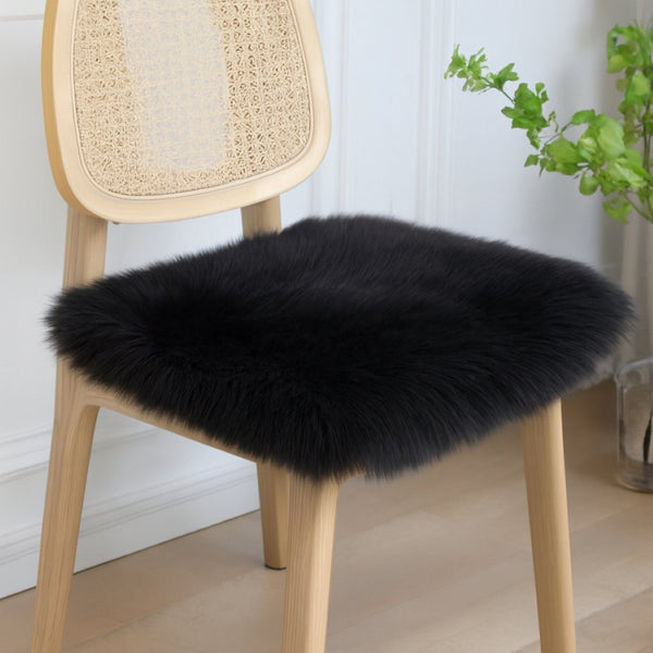 HomeRoots Set of Two Luxurious 17" Black Wool Chair Pads - Genuine New Zealand Sheepskin, Indoor/Outdoor Comfort 489524