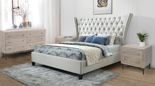 Homeroots Beige King Diamond Button Tufted Upholstered Bed Frame  Solid Wood,Fabric 489533