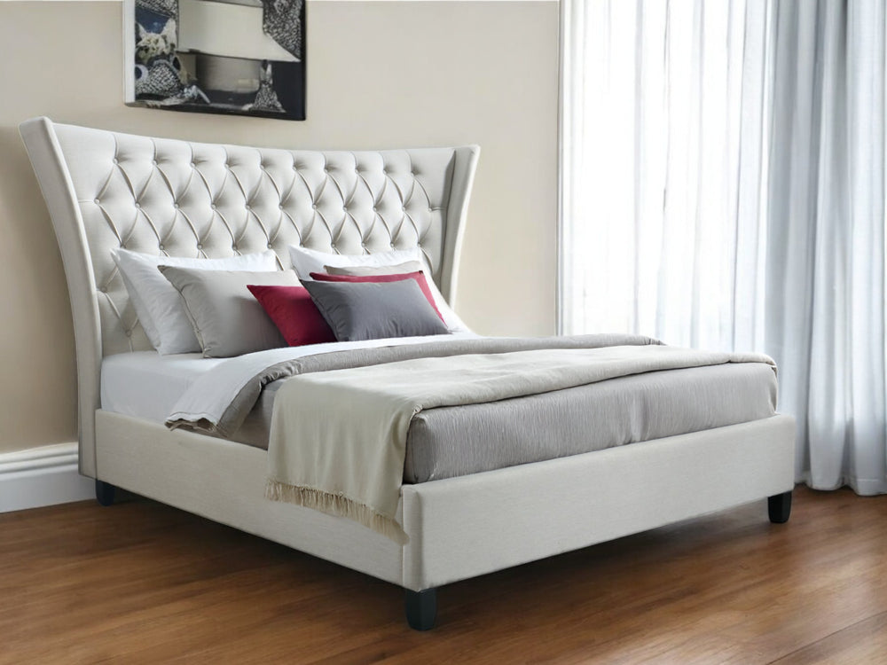 Homeroots Beige King Diamond Button Tufted Upholstered Bed Frame  Solid Wood,Fabric 489533