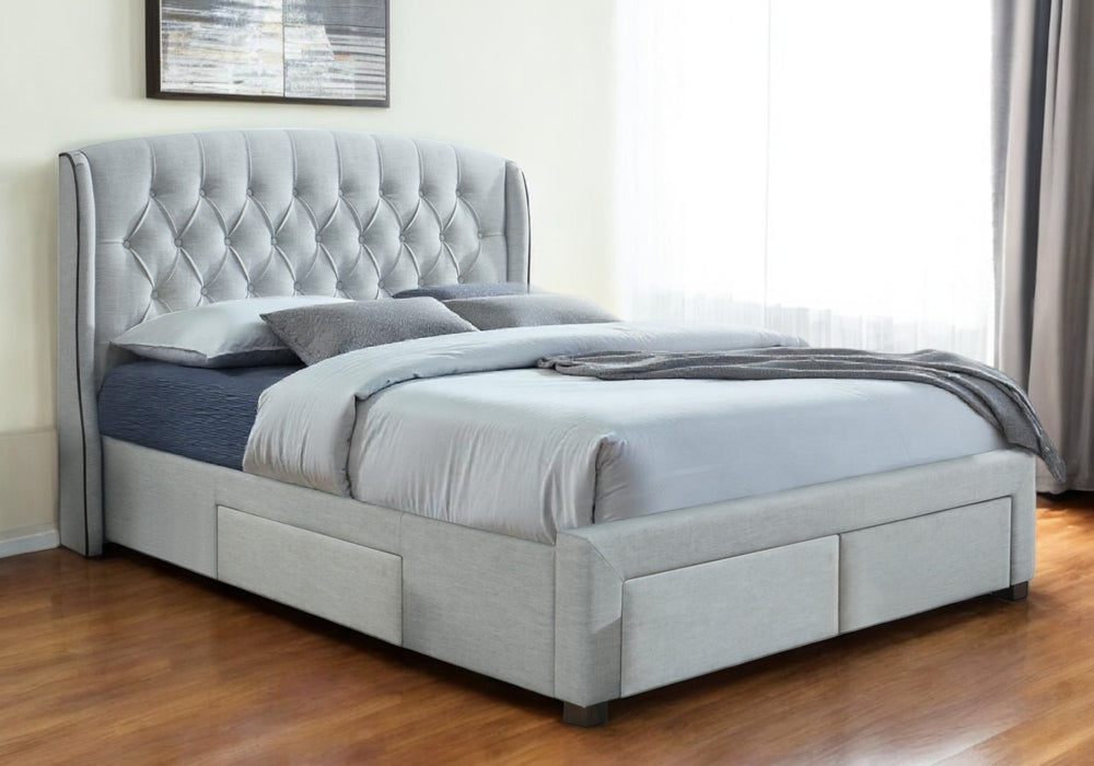 Homeroots Gray King Tufted Upholstered Bed Frame With Three Drawers  Solid Wood,Fabric 489534