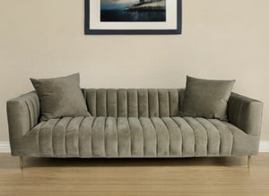 Homeroots 90" Gray Brown Velvet Sofa And Toss Pillows With Gold Legs   489536