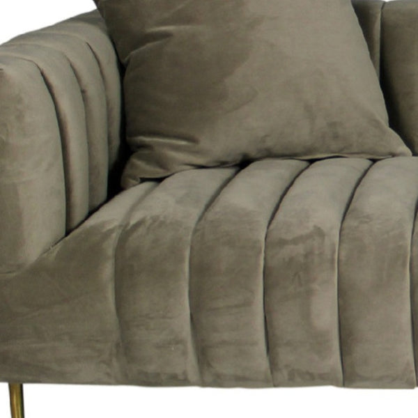 Homeroots 90" Gray Brown Velvet Sofa And Toss Pillows With Gold Legs   489536