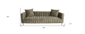Homeroots 90" Gray Brown Velvet Sofa And Toss Pillows With Gold Legs   489536