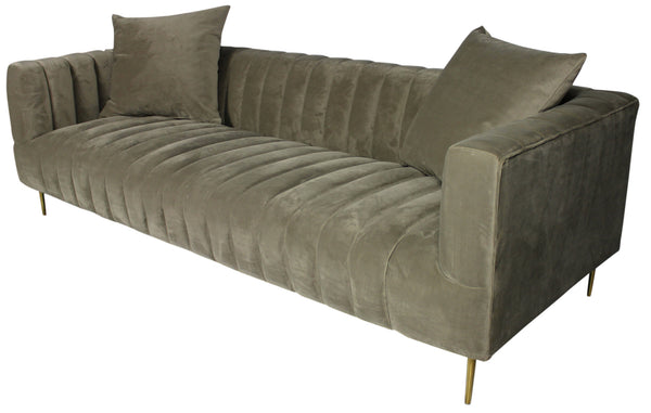 Homeroots 90" Gray Brown Velvet Sofa And Toss Pillows With Gold Legs   489536