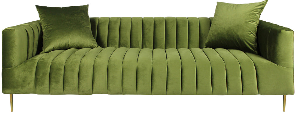 Homeroots 90" Olive Green Velvet Sofa And Toss Pillows With Gold Legs   489537