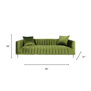 Homeroots 90" Olive Green Velvet Sofa And Toss Pillows With Gold Legs   489537