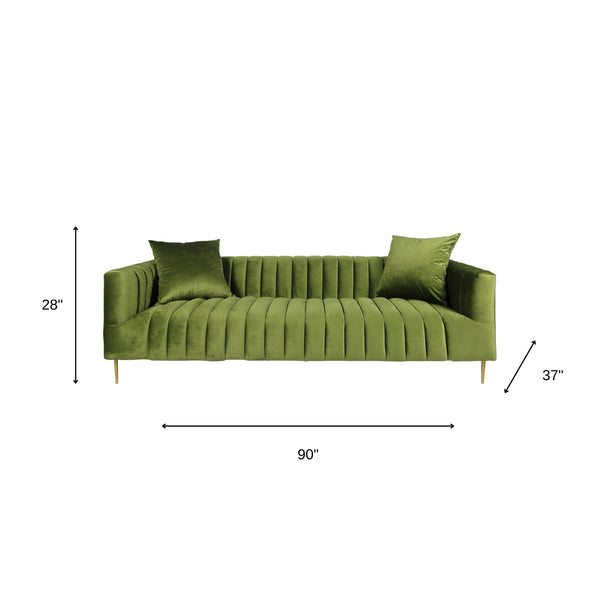 Homeroots 90" Olive Green Velvet Sofa And Toss Pillows With Gold Legs   489537