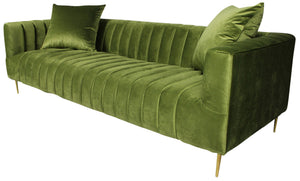 Homeroots 90" Olive Green Velvet Sofa And Toss Pillows With Gold Legs   489537