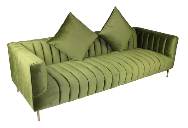 Homeroots 90" Olive Green Velvet Sofa And Toss Pillows With Gold Legs   489537