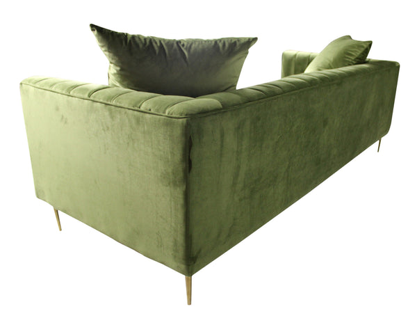 Homeroots 90" Olive Green Velvet Sofa And Toss Pillows With Gold Legs   489537