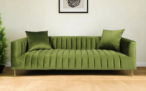 Homeroots 90" Olive Green Velvet Sofa And Toss Pillows With Gold Legs   489537