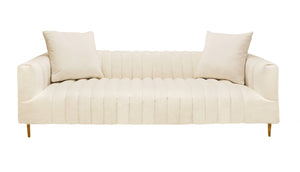 Homeroots 90" Ivory Velvet Sofa And Toss Pillows With Gold Legs   489538