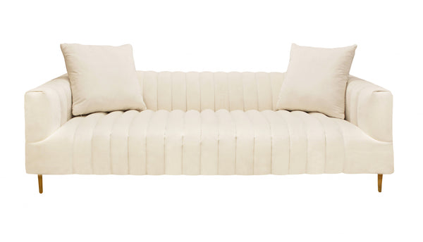 Homeroots 90" Ivory Velvet Sofa And Toss Pillows With Gold Legs   489538