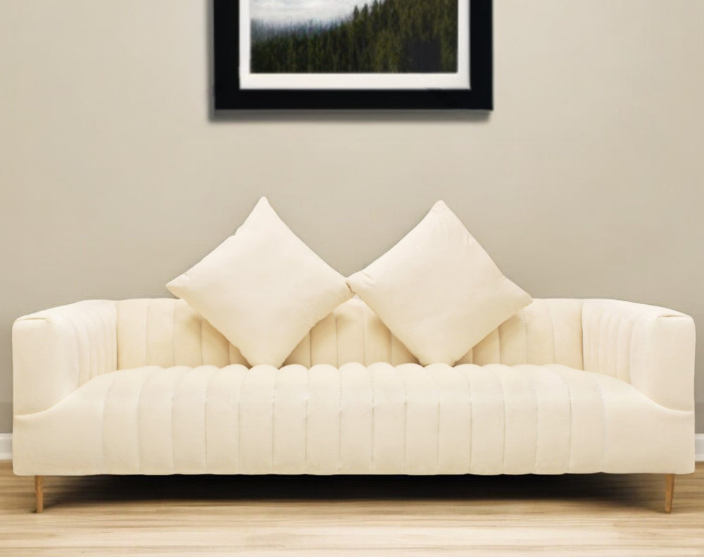 Homeroots 90" Ivory Velvet Sofa And Toss Pillows With Gold Legs   489538