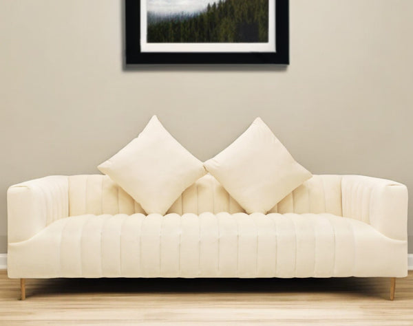 Homeroots 90" Ivory Velvet Sofa And Toss Pillows With Gold Legs   489538