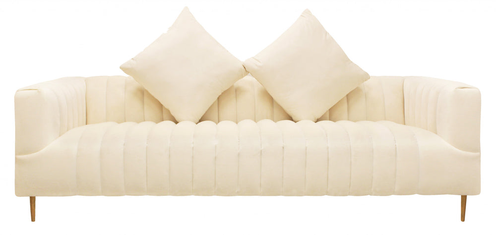 Homeroots 90" Ivory Velvet Sofa And Toss Pillows With Gold Legs   489538