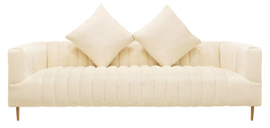 Homeroots 90" Ivory Velvet Sofa And Toss Pillows With Gold Legs   489538