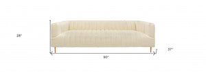 Homeroots 90" Ivory Velvet Sofa And Toss Pillows With Gold Legs   489538
