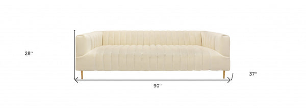 Homeroots 90" Ivory Velvet Sofa And Toss Pillows With Gold Legs   489538