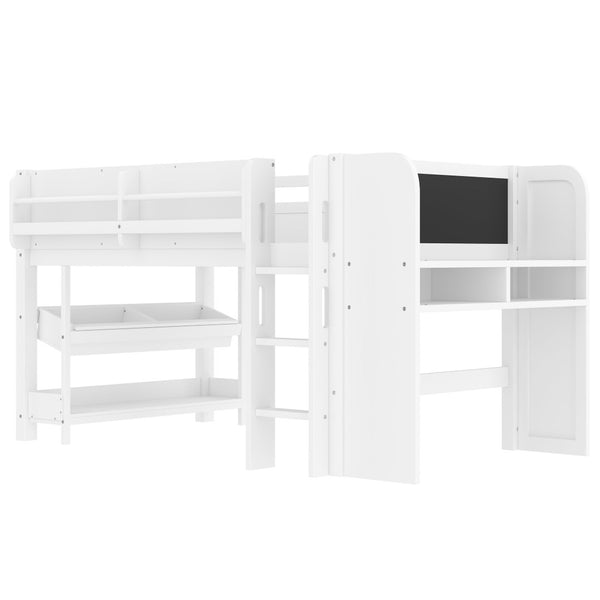 English Elm Twin Low Loft Bed Solid Pine Frame Kids Study Desk Blackboard Storage White W1580S00297