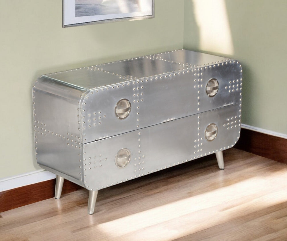 HomeRoots 44" Silver Aluminum Enclosed TV Stand - Industrial Chic Media Center with Ample Storage & Style 489549