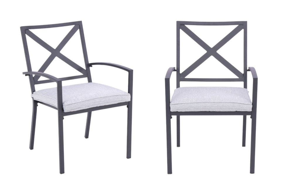 HomeRoots Set of Two Dark Gray Aluminum Stacking Dining Chairs with Light Gray Cushions for Outdoor Comfort 489550